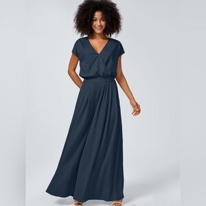 V Neck Short Sleeve Plicated Side Pocket Wide Leg Flowy Waffle Casual Jumpsuit